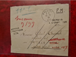 DEVANT LETTRE FM POLLIAT 1939 AIN  RETOUR A L'ENVOYEUR 3776 - Autres & Non Classés