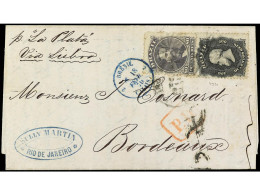 BRASIL. 1870. RÍO DE JANEIRO A BURDEOS. 80 R. Y 200 R. Mat. Fechador Y De Llegada BRESIL/CALAIS. PRECIOSA. Yv.26, 28. - Autres & Non Classés