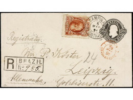 BRASIL. 1891. CAMPINAS A ALEMANIA. Entero Postal De 200 Reis Negro Con Franqueo Adicional De 700 Reis Castaño Rojo. Cart - Andere & Zonder Classificatie