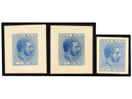 CUBA. 1882. ALFONSO XII. Conjunto De 7 PRUEBAS DE PUNZÓN, Cuatro Con Márgenes Pequeños, 1/2 Mils. Lila Rosa, 2 Mils. Car - Andere & Zonder Classificatie