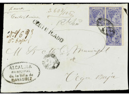 PUERTO RICO. 1877. FRONTAL De Carta Certificada De MAYAGUEZ A VEGA BAJA Con Franqueo De 25 Cts. Azul (3) Mat. PARRILLA C - Andere & Zonder Classificatie