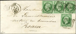 PC 578 / N° 12 Bande De 3 + 1 Ex Vert Très Foncé Sur Vert Càd T 15 CAEN (13) Sur Lettre Pour Rouen. 1857. - SUP. - R. - 1853-1860 Napoléon III