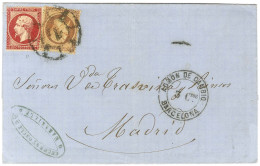 Oblitération Roue De Charrette / N° 23 + 24 à Côté Cachet ADMON. DE CAMBIO / 3Ctos / BARCELONA Sur Lettre 3 Ports De Mar - 1849-1876: Klassik