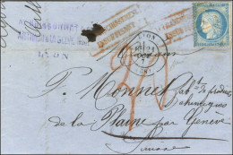 Griffe Rouge / AFFRANCHISSEMENT / INSUFFISANT / N° 60 Càd T 17 LYON (68) Sur Lettre Insuffisamment Affranchie Pour Genèv - 1849-1876: Période Classique