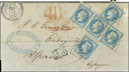 GC 5095 / N° 29 (5) Càd SALONIQUE / TURQUIE Sur Lettre Pour Cadix. Au Recto, Taxe 4R Rouge. 1869. - TB / SUP. - R. - Maritime Post