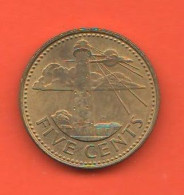 5 Cents 1988 Barbados Brass Coin South Point Lighthouse - Barbades