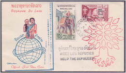 World Refugee Year, Uprooted Tree, Mother And Child, Elephant Animal, God Statue, OVERPRINT STAMPS Laos FDC 1960 - Réfugiés