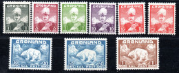 2291 DENMARK, GREENLAND 1938-1946 KING, POLAR BEAR # 1-9 MNH, LIGHT GUM COLOUR BLEMISH - Ongebruikt