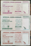 Série 3 Billets ZIMBABWE  5 - 25 - 50 Milliards Dollars - Billion  50000000000 $ - Zimbabwe