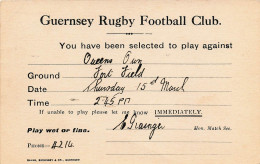 RUGBY Carte De Convocation Pour Un Match GUERNSEY Rugby Football Club - Rugby