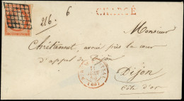 Let EMISSION DE 1849 - 5    40c. Orange, Touché à Droite, Obl. GRILLE S. Env. CHARGE, Càd Rouge BUREAU CENTRAL 11/6/50,  - 1849-1876: Klassik