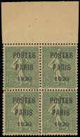 ** PREOBLITERES - 25  15c. Vert-olive, POSTES PARIS 1920, BLOC De 4 Bdf, Très Frais, TB - 1893-1947