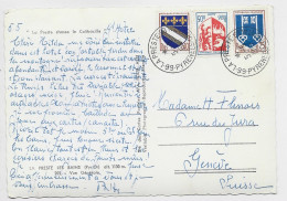 FRANCE BLASON 5C+10C+25C CARTE TIMBRE A DATE 66 LA PRESTE 5.5.1967 PYRENEES ORIENTALES POUR SUISSE AU TARIF - 1941-66 Armoiries Et Blasons