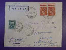 DG5   FRANCE   BELLE LETTRE 1944 BOURMONT A TUNIS REDISTRIB. MERIEL    +TAXE +AEROPHILATELIE +AFF. INTERESSANT+++ - 1927-1959 Brieven & Documenten