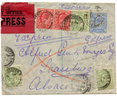 GRANDE BRETAGNE - GB 1/2 P X3 + 1P X2 + 2 1/2 P X1 SUR LETTRE PAR EXPRESS DE MANCHESTER POUR STRASBOURG, 1908 - Briefe U. Dokumente