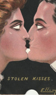 Illustrateur Ell (Elliot) RARE Carte à Système STOLEN KISSES 1908 En Tirant Sur La Languette Du Bas Un Baiser Se Forme.. - Elliot