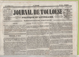 JOURNAL DE TOULOUSE 27 04 1844 - JEUX FLORAUX - GRAND THEATRE - CAFETIERS PLACE DU CAPITOLE - ESPAGNE GUERRE AU MAROC - 1800 - 1849