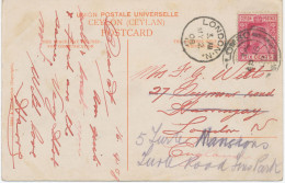 CEYLON / GB 1908 CDS Thimble 21mm "LONDON-N. / 19" Arrival Postmark On Re-directed Postcard From Ceylon - Lettres & Documents