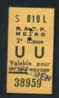Ticket Neuf De Métro Parisien "SPECIMEN" RATP 1949 (2ème Classe UU) Métropolitain Paris - Europe