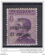 TRENTO  &  TRIESTE:  1919  SOPRASTAMPATO  -  50 C./50 C. VIOLETTO  N. -  CENTRATURA  PERFETTA  -  SASS. 9 - Trentino & Triest