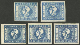ARGENTINA: GJ.17, 1P. Blue, Dull Impressions, 5 Examples With Shading Color: Light Blue, Azure, Blue, Greenish Blue And  - Buenos Aires (1858-1864)
