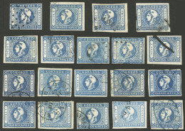 ARGENTINA: GJ.17, Good Lot Of 19 Used Stamps, Wide Range Of Shades (from Light Blue To Almost Indigo), Cancels And Impre - Buenos Aires (1858-1864)