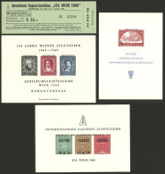 AUSTRIA: 3 Souvenir Sheets With Reimpressions Of Old Stamps, Advertising For Philatelic Expositions + Ticket To "IFA WIE - Ohne Zuordnung