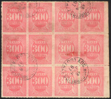 BRAZIL: Sc.J6, 1889 300rs. Rose, Large Used Block Of 12 (with Right Sheet Margin Un-rouletted), Cancelled GOYAZ 18/JA/18 - Sonstige & Ohne Zuordnung