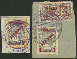 ECUADOR: Sc.C3, 1928 1S. On 20c. Gray, 2 Used Stamps On Fragments! - Equateur