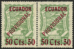 ECUADOR: Sc.C6 (Yvert A.1), 1928 50Cts. On 10c. Green, Extremely Rare MNH Pair Of Excellent Quality, Catalog Value US$1, - Equateur