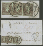 SPAIN: Sc.39b, 1855 Elizabeth II 2R. Gray-violet On Bluish Paper, Beautiful Strip Of 3 Franking A Letter (one Stamp Of T - Other & Unclassified
