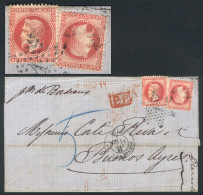 FRANCE: 22/MAY/1869 PARIS - Buenos Aires: Folded Cover Franked By Yvert 32 X2 With "1 Inside Dotted Star" Cancel, Along  - Sonstige & Ohne Zuordnung