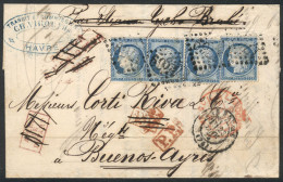 FRANCE: VERY INTERESTING LETTER: Entire Letter Sent From LE HAVRE To Buenos Aires On 22/JA/1875, Franked By Yvert 60C X4 - Sonstige & Ohne Zuordnung