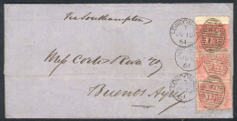 GREAT BRITAIN: 10/JUN/1861 LONDON - Buenos Aires: Folded Cover Franked With Strip Of 3 Sc.26, "W.C 13" Duplex Cancel, Ve - Sonstige & Ohne Zuordnung