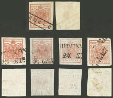 ITALY: Sc.4, 1850 15c. Red, 4 Used Examples Printed On Thin Paper + Another One On VERY LAID PAPER (vertically) And Also - Lombardy-Venetia