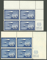 UNITED NATIONS: Yvert 3 + 3a, 1951/7 15c. In Dark Blue And PRUSSIAN BLUE, Corner Blocks Of 4, MNH, Excellent Quality! - Other & Unclassified