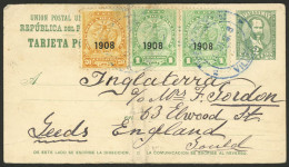 PARAGUAY: 10/OC/1908 VILLETA - England, 2c. Postal Card + Additional 22c., On Back There Are 2 Transit Marks Of Buenos A - Paraguay