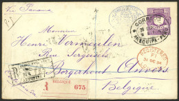 PERU: 20c. Stationery Envelope + Additional 1c. On Back, Sent By Registered Mail From Arequipa To Belgium On 28/SE/1894, - Peru