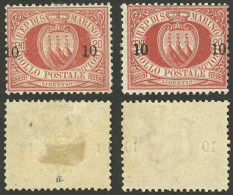 SAN MARINO: Sc.28, 1892 10 On 20c. Vermilion, One With Normal Overprint And The Other One With The Ovpt. Shifted To The  - Sonstige & Ohne Zuordnung