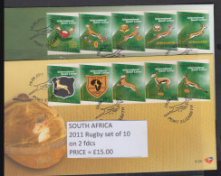 RUGBY - SOUTH AFRICA -2011-  RUGBY SET OF 10 ON 2 ILLUSTRATED FDC  - Rugby