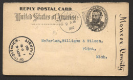 UY3r Reply Card MONROE MI To Flint MI 1900 - ...-1900