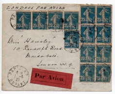 25c Bleu Semeuse Camée (n° 140) X13 Sur Lettre PAR AVION Du 1.6.1920 De Paris Pour Londres - Sonstige & Ohne Zuordnung