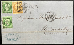 N°21 10c BISTRE & 2XN°20 5c VERT SUR LETTRE / BORDEAUX POUR MARSEILLE 22 JANV 1867 / LAC NOILLY PRAT - Covers & Documents