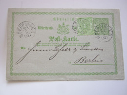 WÜRTTEMBERG , 1 Kr. Ganzsache Mit Zusatzfrankatur 1 Kr. Gezähnt , Karte Aus GÖPPINGEN - Postwaardestukken