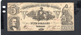 Baisse De Prix USA - Billet  5 Dollar États Confédérés 1861 TB/F P.020 - Divisa Confederada (1861-1864)