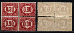ITALIA REGNO - 1875 - CIFRA IN UN OVALE - VALORE DA 0,30 C.- LACCA SCURO - QUARTINA - MNH - Dienstzegels