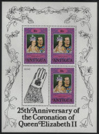 Antigua 1978 MNH Sc 508 10c QEII, Prince Philip Sheet Of 3, Glove Label Coronation 25th - 1960-1981 Autonomia Interna