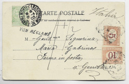 MONACO 5C VERT SEUL CARTE MONTE CARLO 1903 TO ITALIA TAXE 5C+10C GENOVA + REFUSE - Lettres & Documents