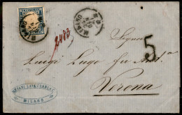 Antichi Stati Italiani - Sardegna - 20 Cent (15Cc - Azzurro Grigio) - Lettera Da Milano A Verona Del 24.1.61 - Tassata - Autres & Non Classés