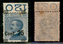 Regno - Vittorio Emanuele III - 1924 - 25 Cent Su 60 Michetti (178 Da) - Bordo Foglio - Soprastampa Spostata - Sbarrette - Autres & Non Classés